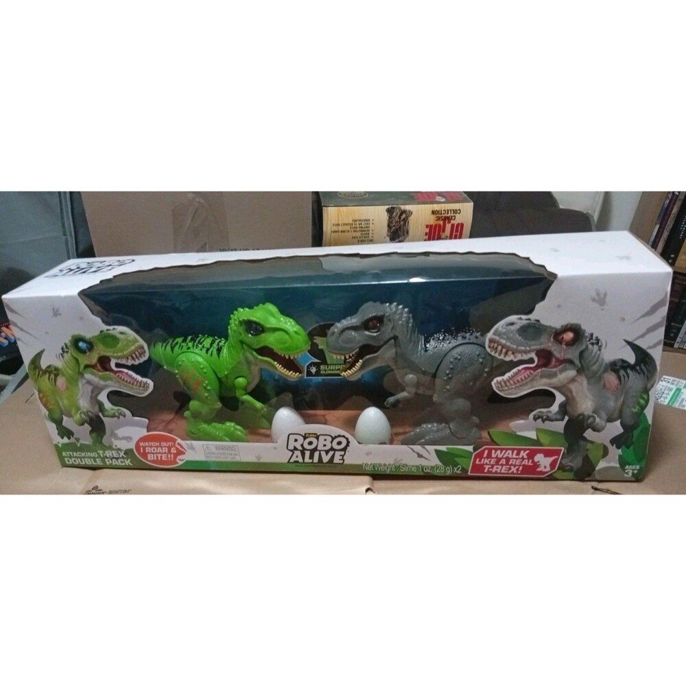 Robo Alive Attacking T-Rex Double Pack 2 Dinosaur / Glow In The Dark Slime!